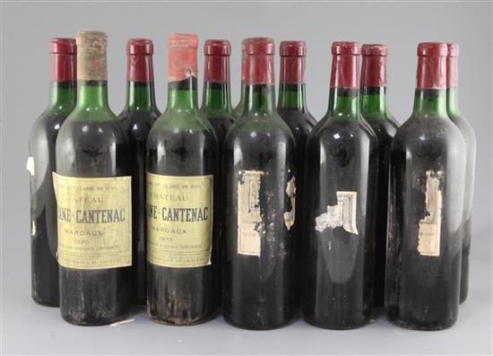 Nine bottles of Chateau Pichon-Longueville-Baron, 1966 and three bottles of Chateau Brane-Cantenac, 1970.